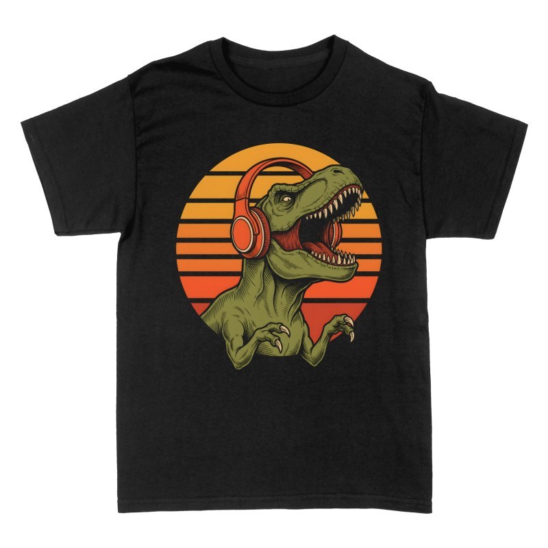 T-shirts: T-rex avec casque audio coucher de soleil