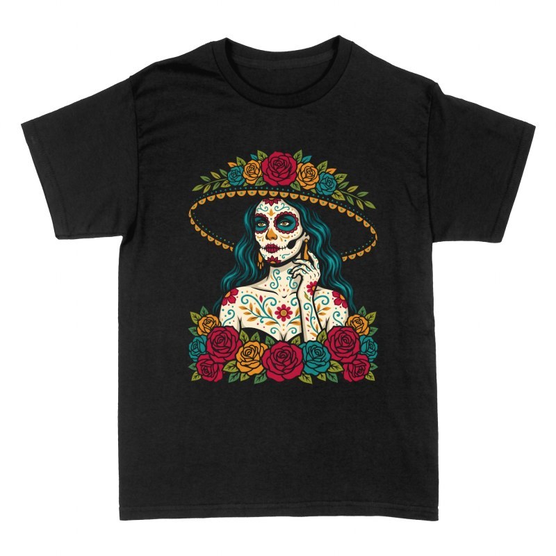 T-shirts: Catrina mexicaine avec chapeau et roses
