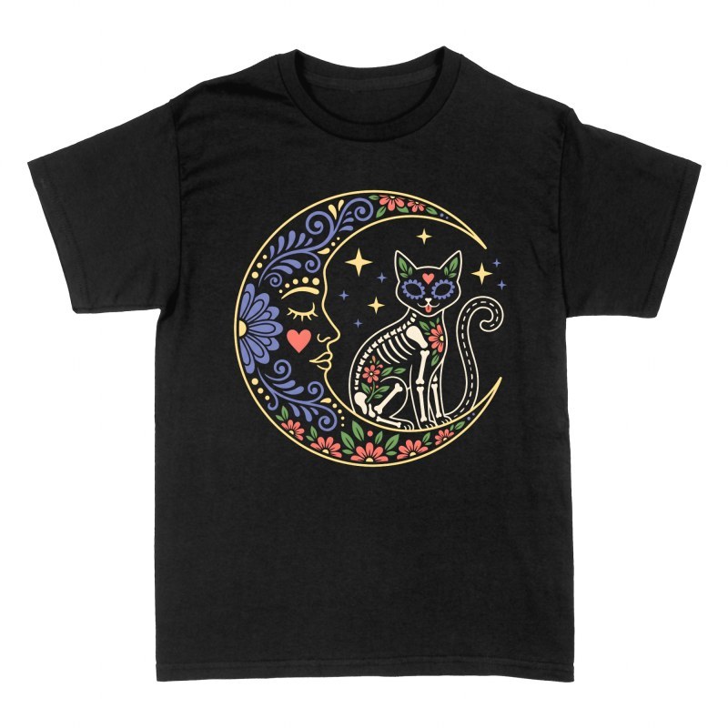 T-shirts: Chat squelette et lune mexicaine