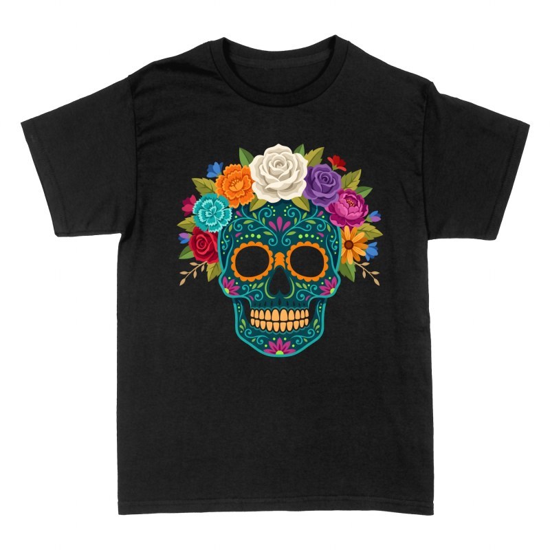 T-shirts: T&ecirc;te de mort mexicaine et couronne florale