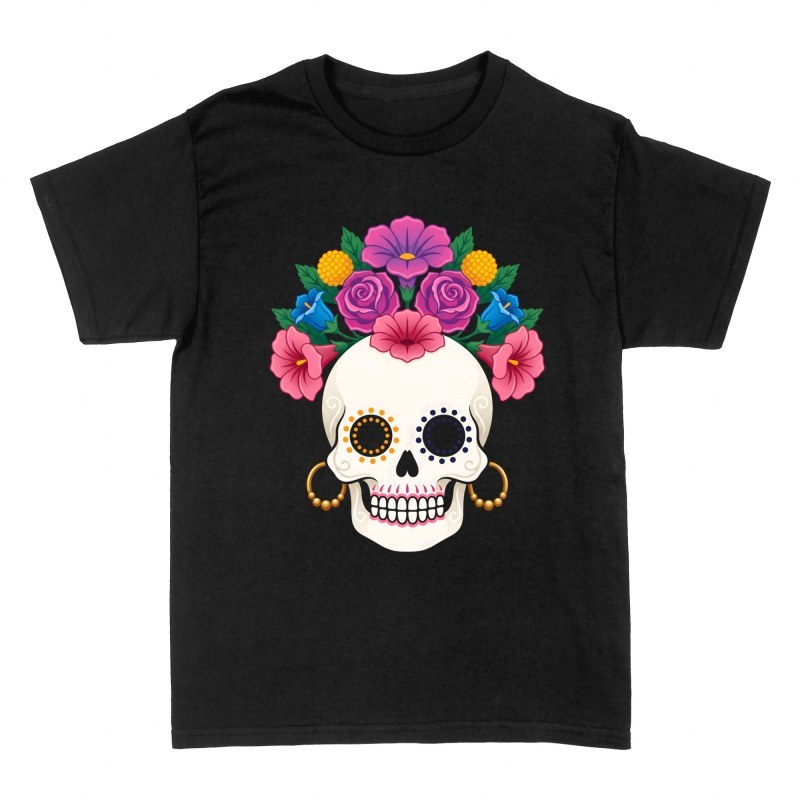 T-shirts: Calavera mexicaine et couronne de fleurs