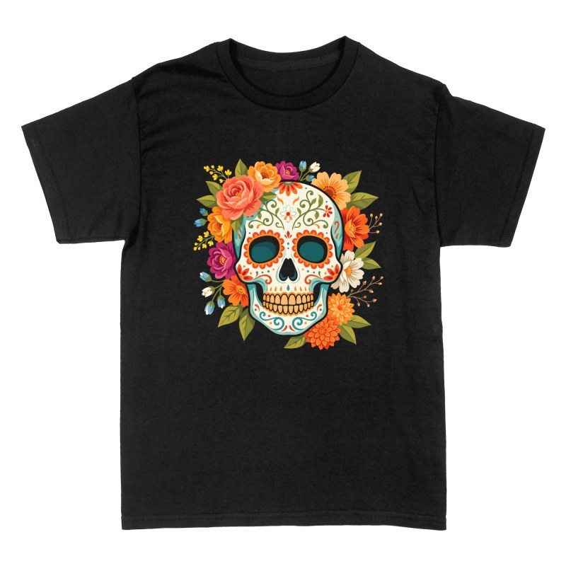 T-shirts: T&ecirc;te de mort mexicaine et fleurs