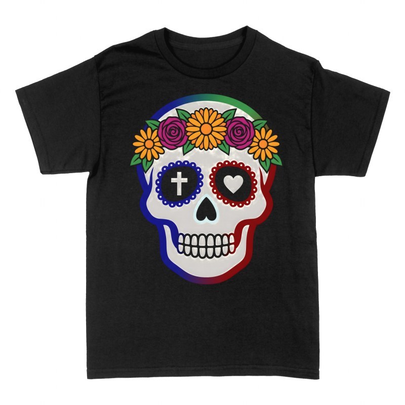T-shirts: Calavera mexicaine et couronne de fleurs