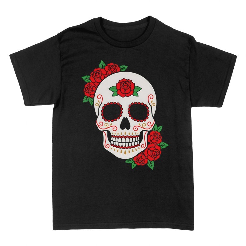 T-shirts: T&ecirc;te de mort mexicaine et roses rouges