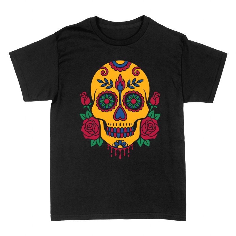 T-shirts: Calavera jaune et roses tattoo