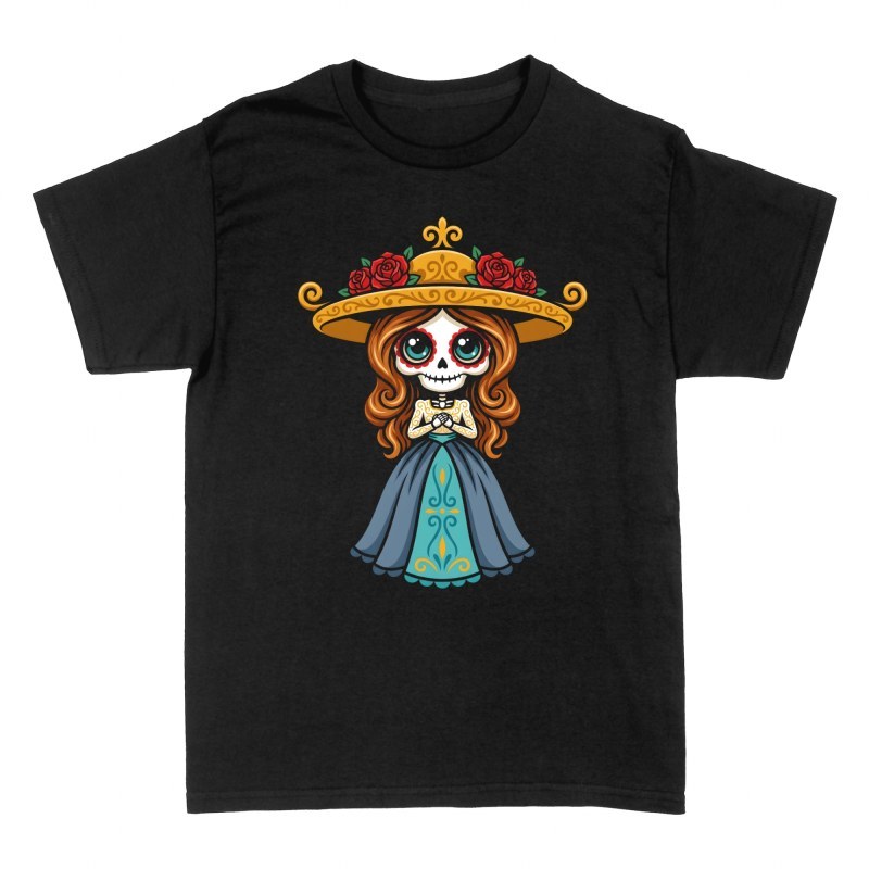 T-shirts: Catrina chibi avec chapeau et roses