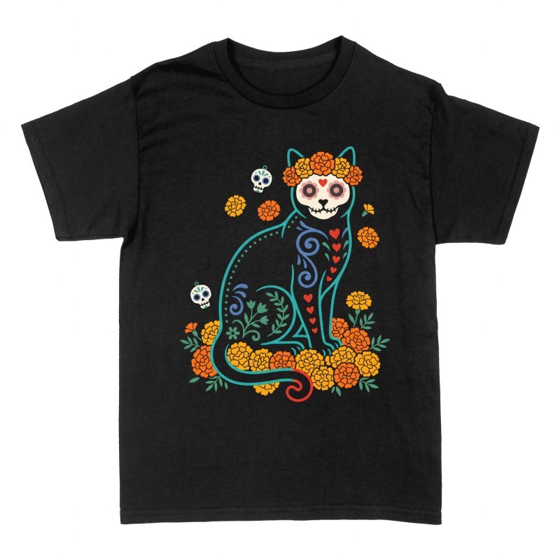 T-shirts: Chat noir calavera et fleurs de cempas&uacute;chil