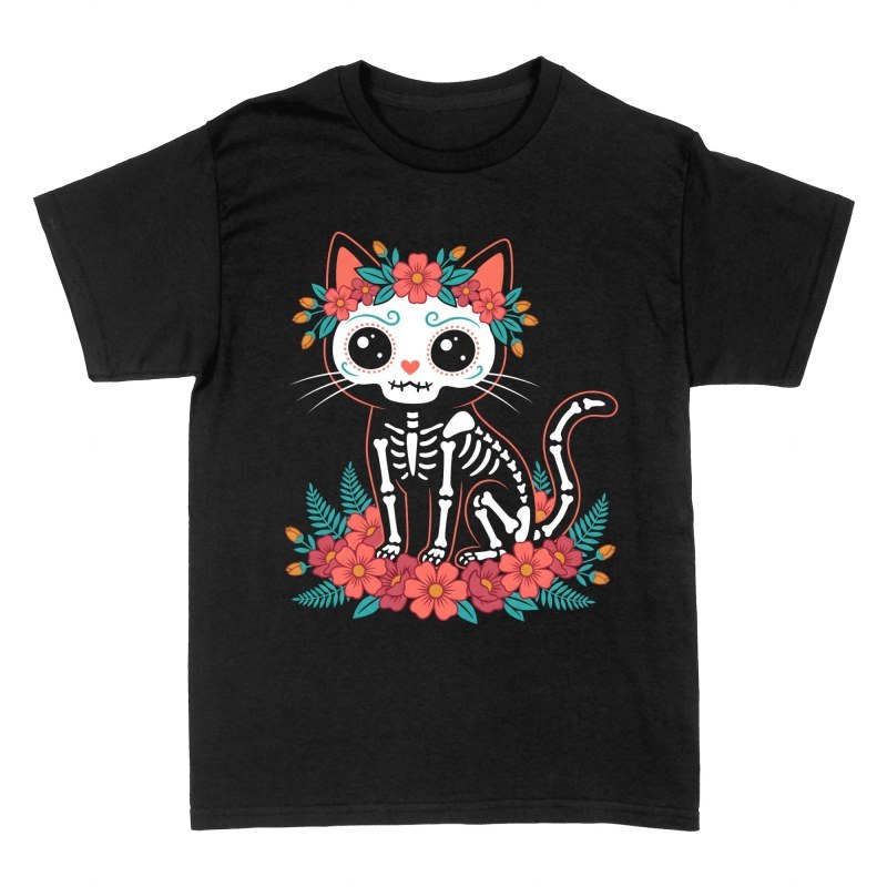 T-shirts: Chat squelette calavera fleurs