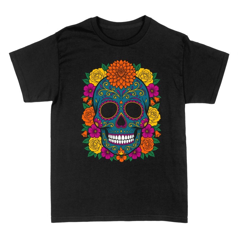 T-shirts: Cr&acirc;ne mexicain bleu et fleurs