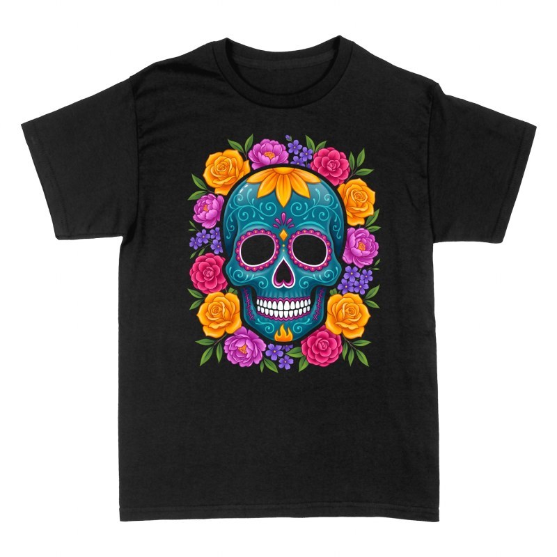 T-shirts: Calavera mexicaine turquoise et pivoines