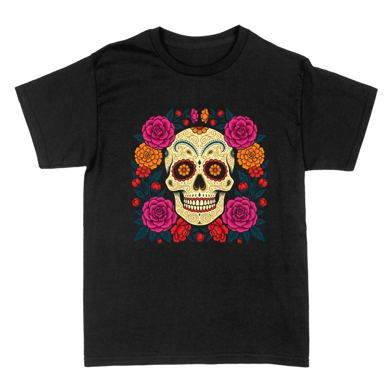 T-shirts: Calavera mexicaine et cadre floral
