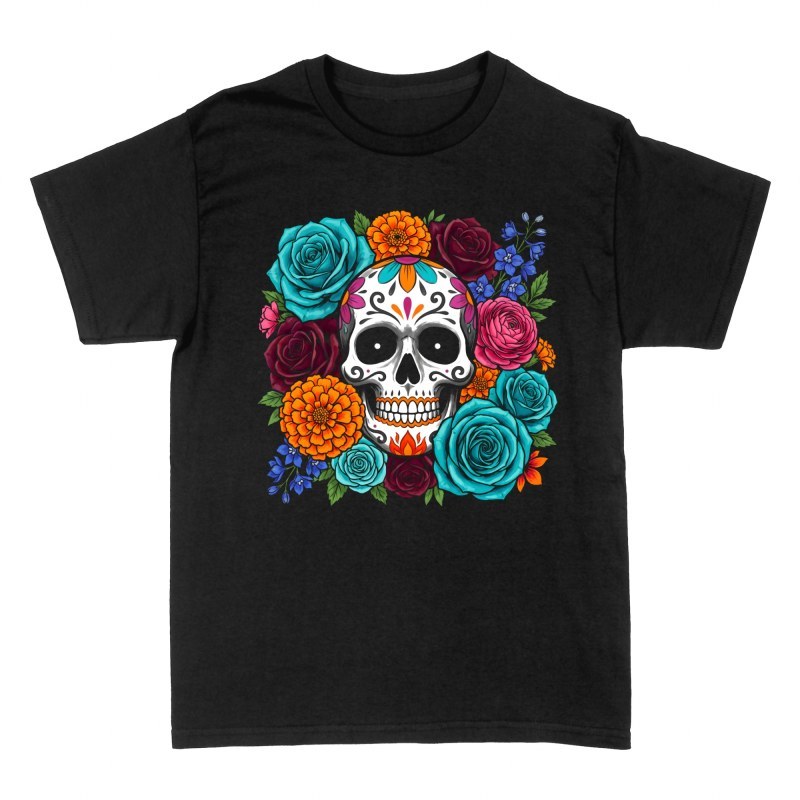 T-shirts: Calavera de sucre aux fleurs turquoise