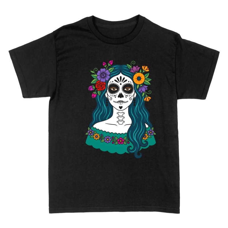 T-shirts: Catrina aux cheveux bleus et couronne