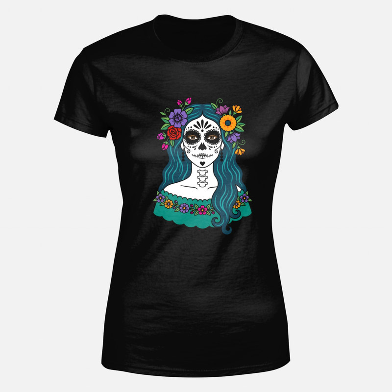 T-shirts: Catrina aux cheveux bleus et couronne