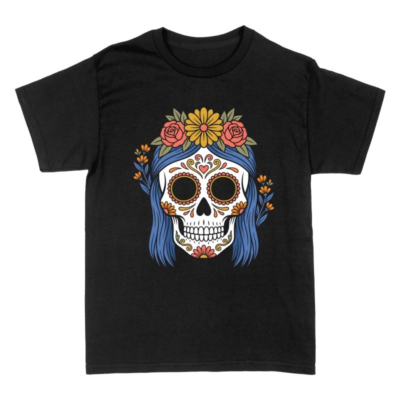 T-shirts: Catrina aux cheveux bleus et fleurs
