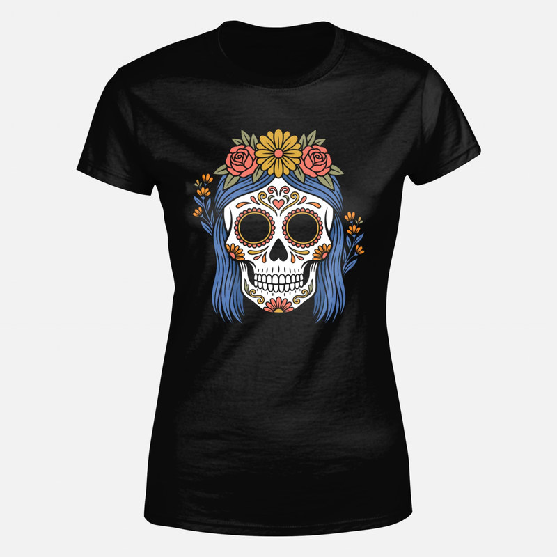 T-shirts: Catrina aux cheveux bleus et fleurs