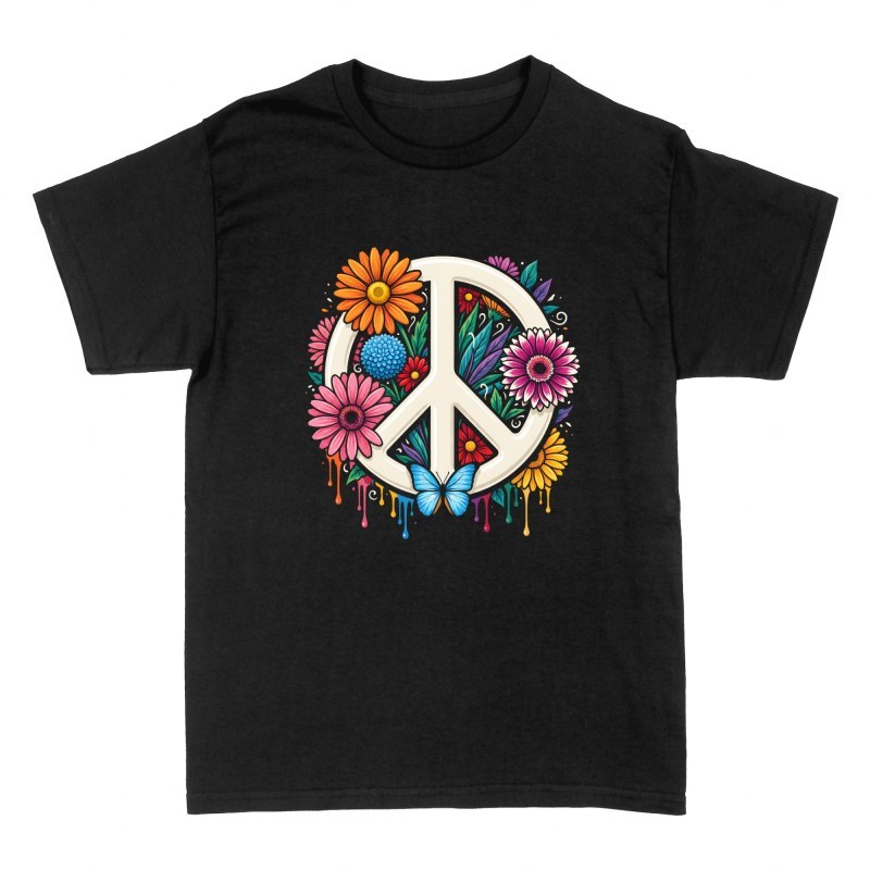 T-shirts: Symbole peace and love floral et papillon