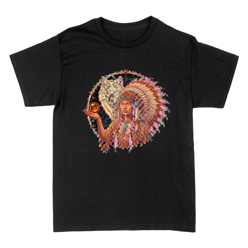 T-shirts: Chamane am&eacute;rindienne et loup spirituel