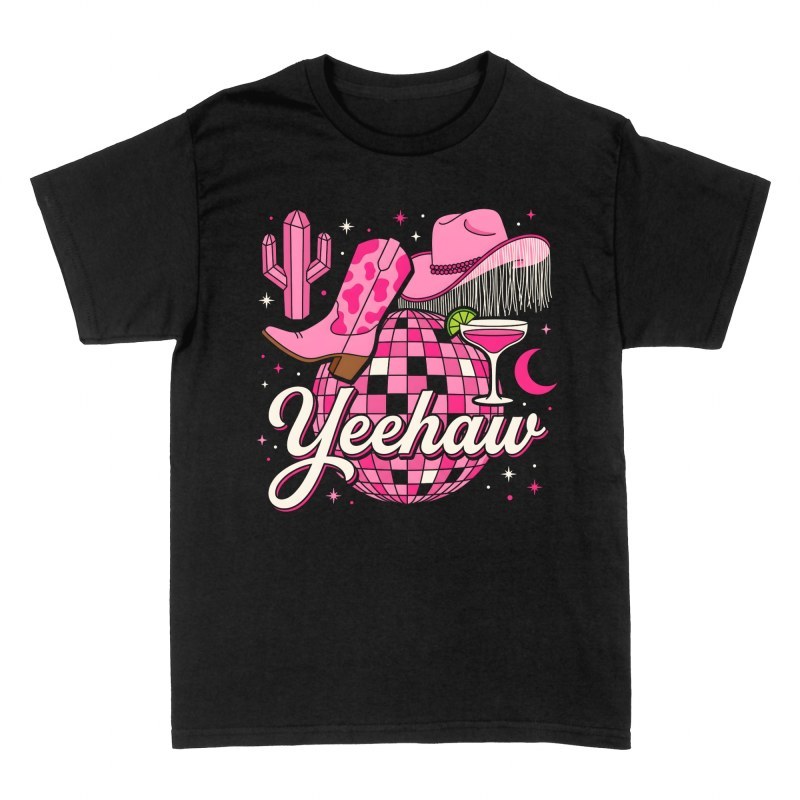 T-shirts: Disco cowgirl rose avec botte et chapeau