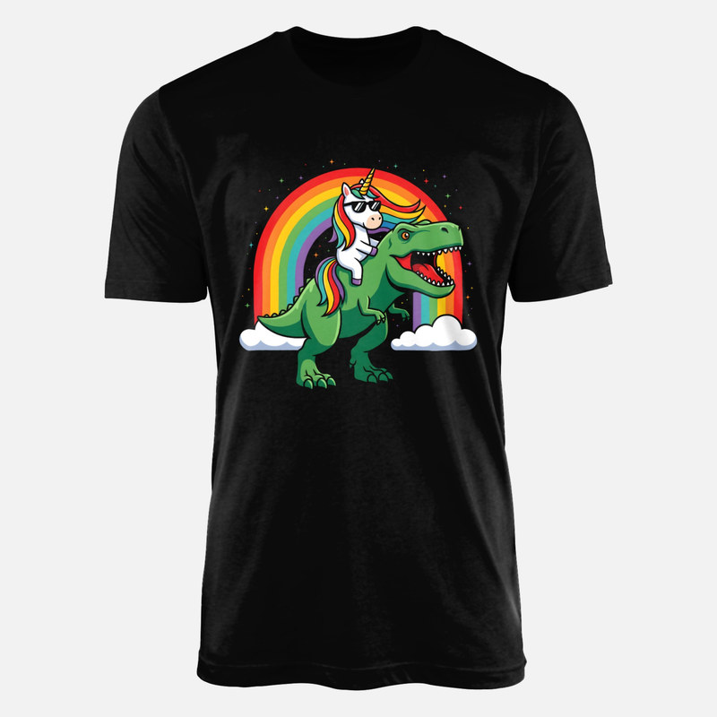 T-shirts: Licorne sur T-Rex et arc-en-ciel