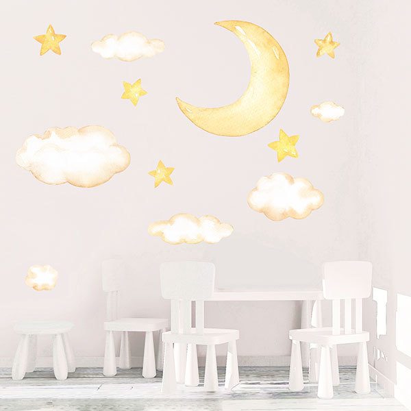 Stickers pour enfants: Kit lune, nuages et étoiles aquarelles