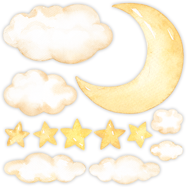 Stickers pour enfants: Kit lune, nuages et étoiles aquarelles
