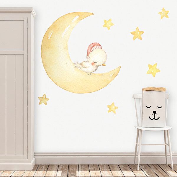 Stickers pour enfants: Oiseau dormant sur la lune