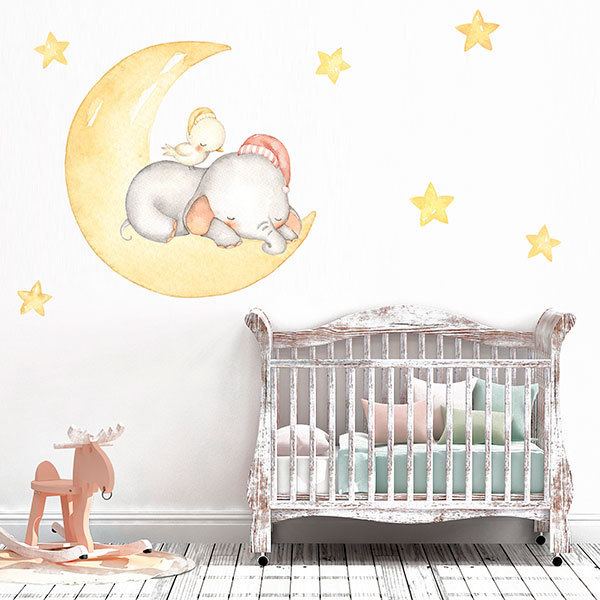 Stickers pour enfants: Eléphant et poussin dormant sur la lune