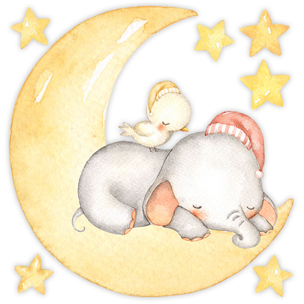 Stickers pour enfants: Eléphant et poussin dormant sur la lune