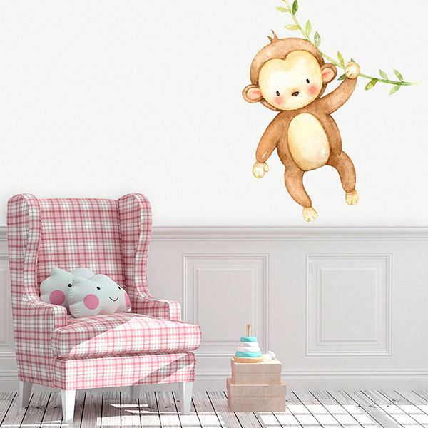 Stickers pour enfants: Singe avec branche en aquarelle