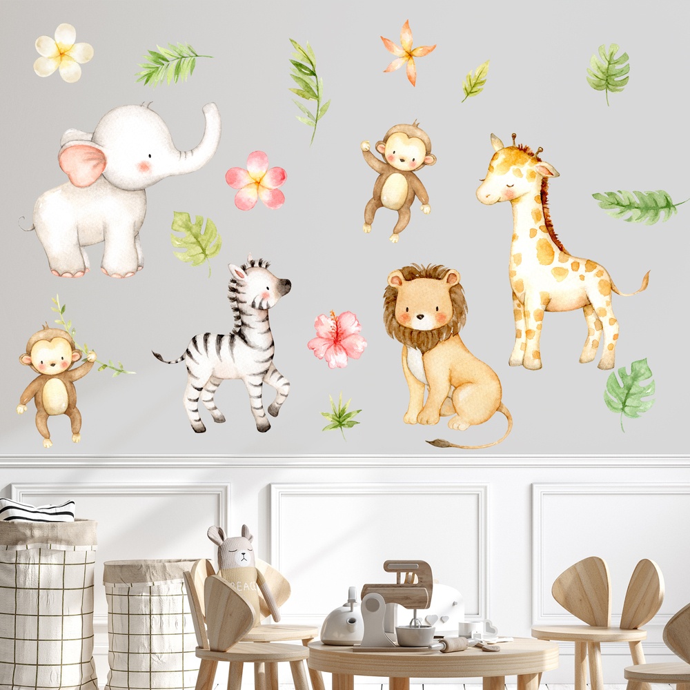 Sticker géant pour enfant - arbre, singes et éléphant - stickers animaux  enfant & stickers enfant 