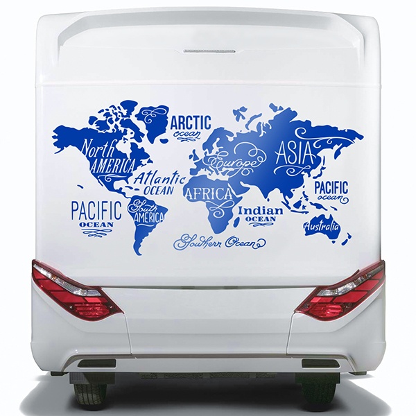 Stickers camping-car: Carte du Monde en anglais, Océans et Continents