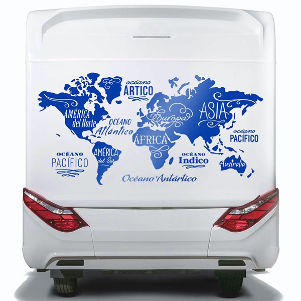 Stickers camping-car: Carte du Monde en espagnol, Océans et Continents