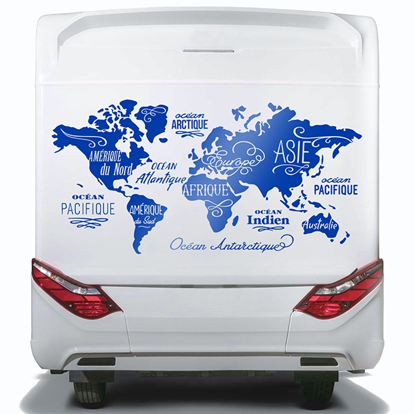 Stickers camping-car: Carte du Monde en français, Océans et Continents