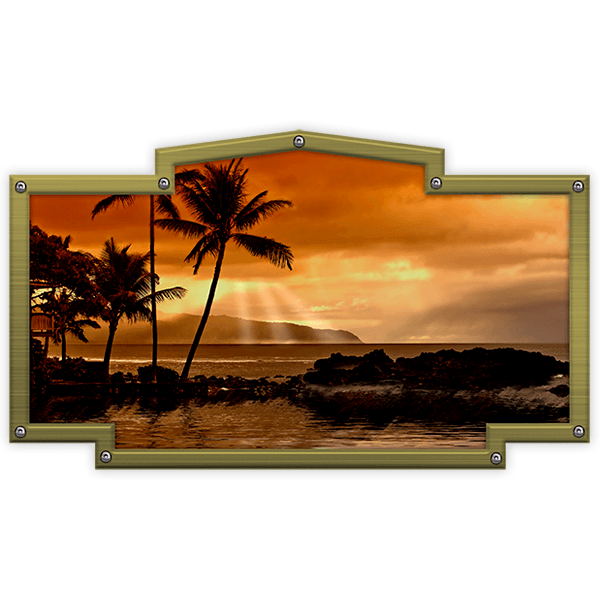 Autocollants: Cadre vintage coucher de soleil parmi les palmiers